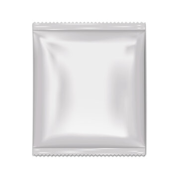 Blank white square 2 side seal sachet pouch. Realistic vector mock-up. Plastic, paper or foil bag template. Food, medical or beauty product individual package mockup