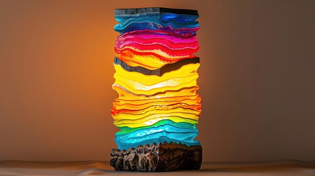 Modern resin lamp with colorful layers, artistic and functional, ultrarealistic lighting