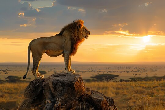 A majestic lion surveys the African savanna from atop a rock as the sun sets in the distance. Generative AI