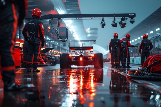 Formula one racing team working during a pit stop on a wet track