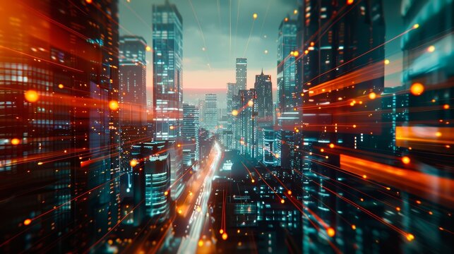 Neon-Lit Futuristic Cityscape at Dusk. A vibrant and dynamic portrayal of a futuristic cityscape bathed in neon lights, showcasing a bustling urban environment at dusk.
