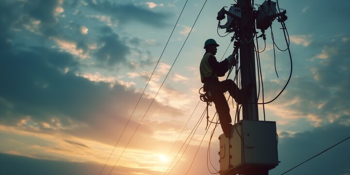 silhouette of electrical worker climbs a utility pole during a vibrant sunset. maintaining the power grid with evening sky background