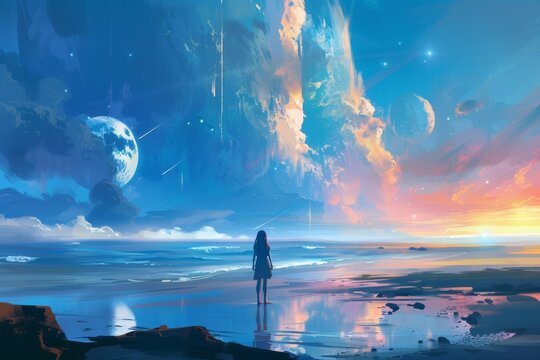 The landscape of a lonely woman looking at another earth, an illustration painting