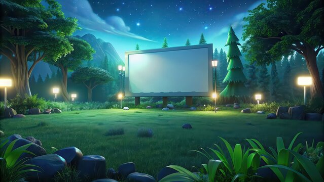 Blank white screen in an outdoor park surrounded by green grass, set up for an outdoor cinema show , outdoor cinema, big screen, park, grass, blank screen, white, movie night, entertainment
