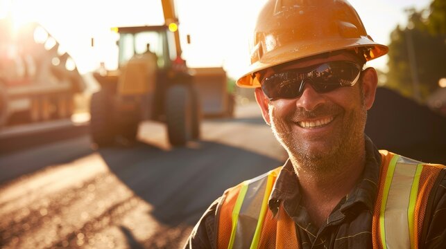 A construction worker wearing a hard hat and safety vest smiles at the camera. He is standing in front of a large construction vehicle, with the sun shining brightly in the background