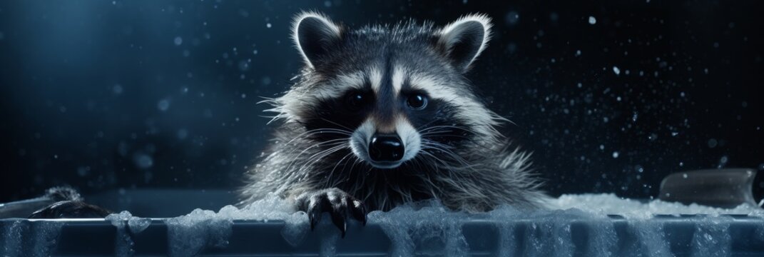 Raccoon washing car with brush. Funny concept for advertising banner with space for text