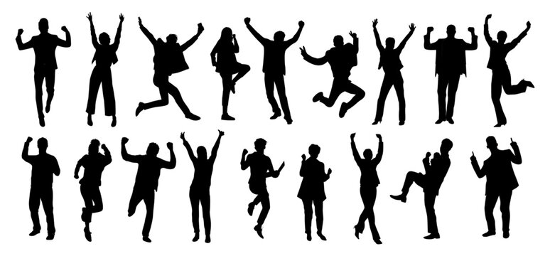 Silhouettes of business people celebrating win, goal achievement. Business team with hands up on transparent background. Concept of victory and success. Vector black outline illustration.
