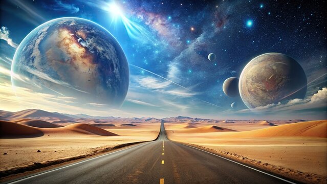 Surreal space landscape with distant planets in the sky during the day, featuring a desert and road , space, surreal, landscape
