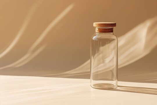 Glass bottle with wooden lid in soft natural light casting shadows