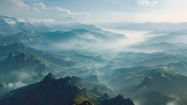 Drone view of a majestic mountain range with a valley below.