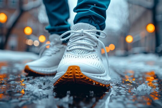 Close-up shot of a stylish and modern white sneaker with orange accents on a wet street at night, reflecting streetlights in an urban winter environment