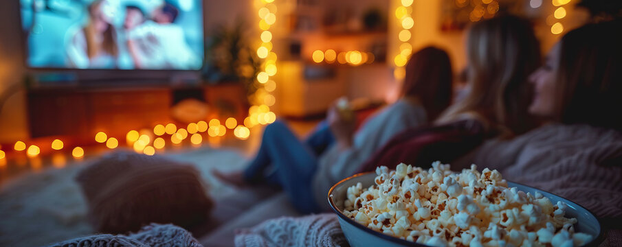 A group of friends hosting a cozy movie night at home, with popcorn, blankets, and a selection of classic films.