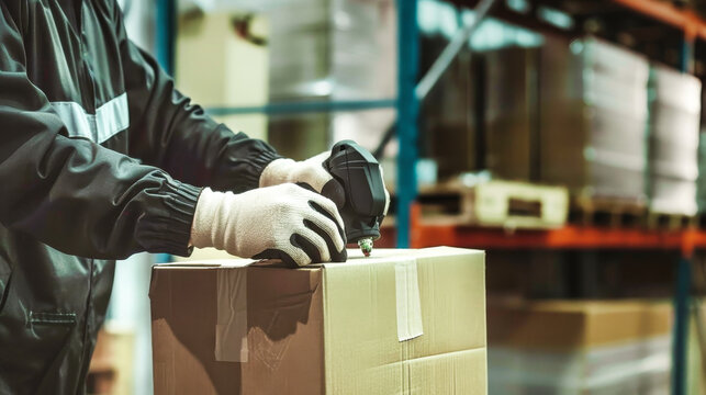 A warehouse worker uses a handheld tool to seal a cardboard box. They are wearing protective gloves and a uniform. The background shows shelves stacked with boxes in a busy warehouse setting