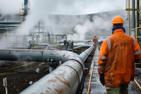 A worker walks past large pipes carrying hot water from a geothermal power plant in Iceland