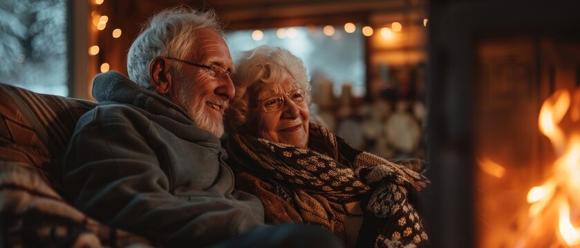 Elderly couple enjoying a cozy moment by the fireplace, wrapped in warmth and comfort, with soft lighting and a serene winter backdrop.