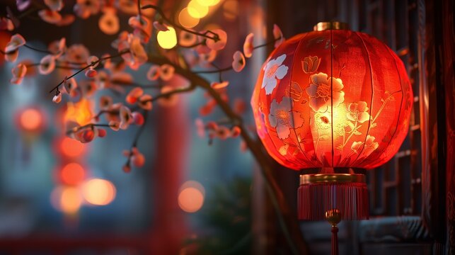 Traditional red Chinese lantern adorned with floral patterns hanging among blooming branches, symbolizing celebration and culture.