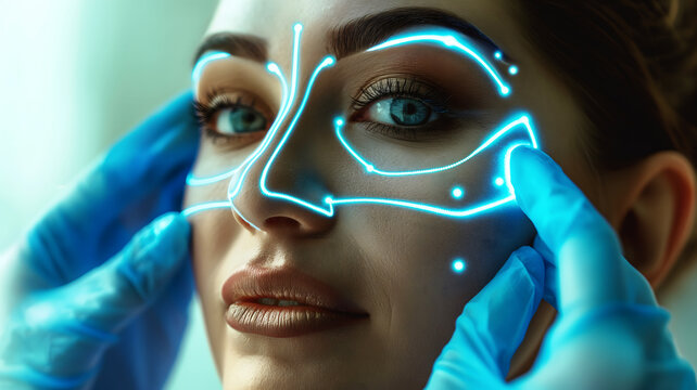 Close-up of a beautiful woman's eyes and face, plastic surgery technology, facial technology, medical beauty technology
