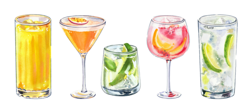 白色背景上手绘水彩夏日开胃鸡尾酒玻璃杯简单素描插图，酒吧菜单、社交媒体广告和海报的 DIY 元素