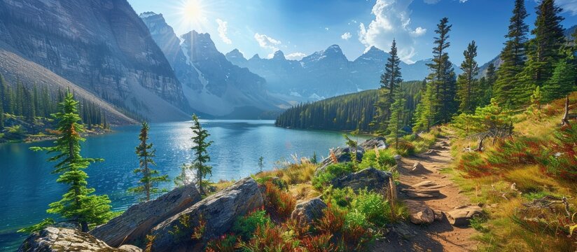 A beautiful mountain landscape with a lake in the foreground. The sky is clear and the sun is shining brightly. The trees are lush and green, and the water is calm and serene