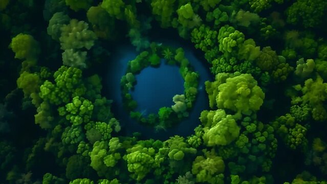 Upscaled aerial footage of a pond surrounded by trees