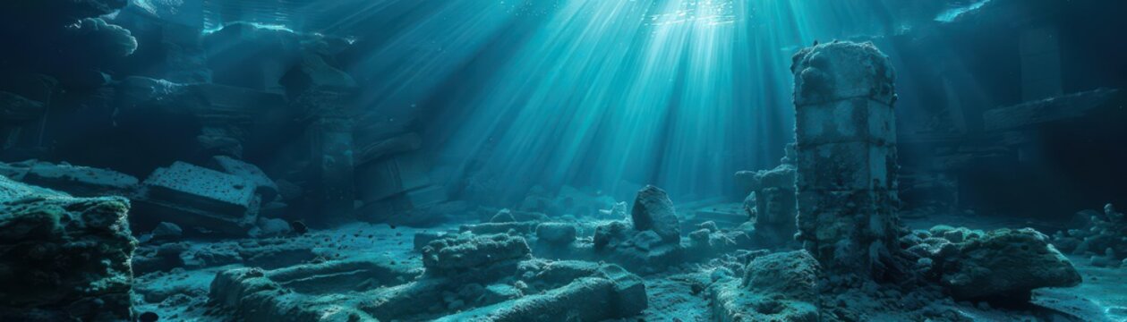 diver exploring underwater ruins, ancient temple, coral sea, sunbeam, vibrant ocean world