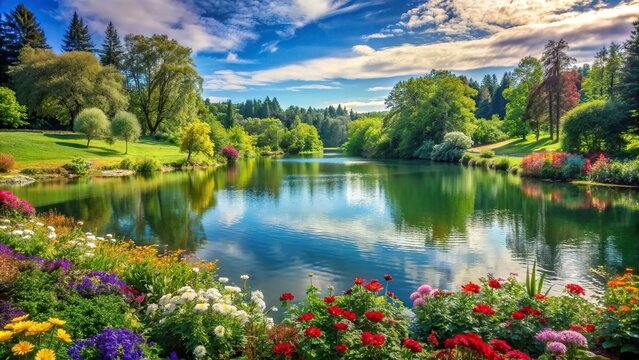 Beautiful natural landscape with a serene lake, lush green trees, and colorful flowers, nature, scenery, beauty