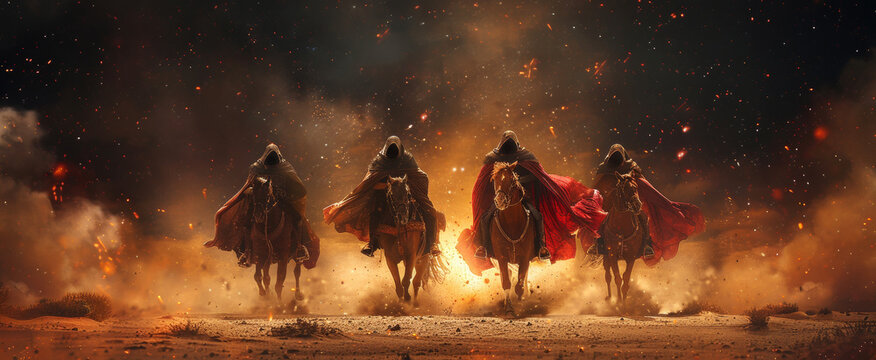 Cinematic scene of four horsemen in long cloaks riding through a dramatic landscape