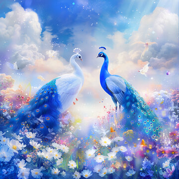 painting of two peacocks in a field of flowers with butterflies