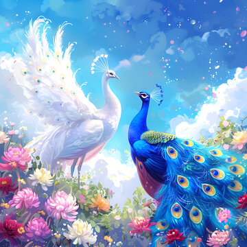 peacocks are standing in a field of flowers with a sky background