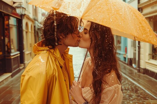  Outdoor shot of a couple kissing under an umbrella, both wearing raincoats, city street background, professional photography