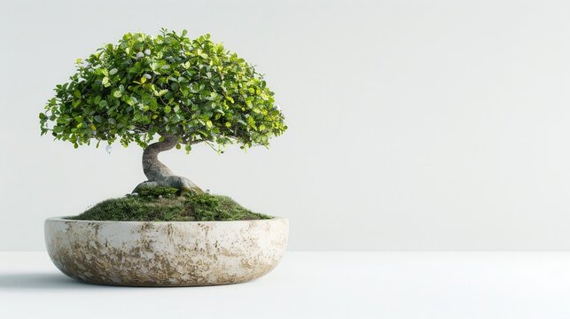 A small clay plant pot with a bonsai tree, isolated on a white background, intricate details, high-resolution, studio lighting