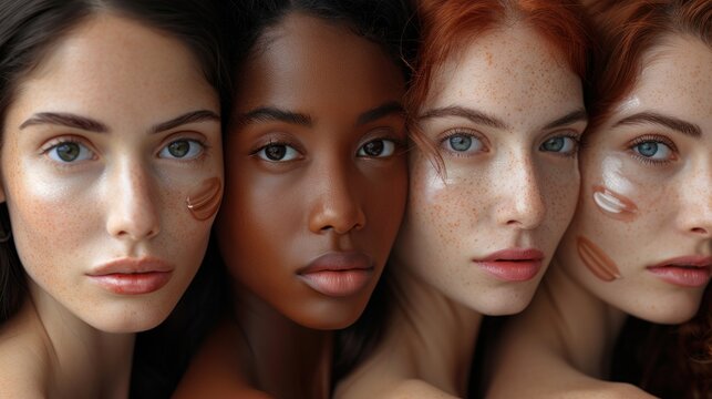 Four women of diverse skin tones, their faces close up, showcasing their natural beauty