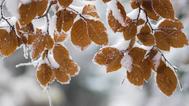 Beech leaves covered with the first snow in autumn