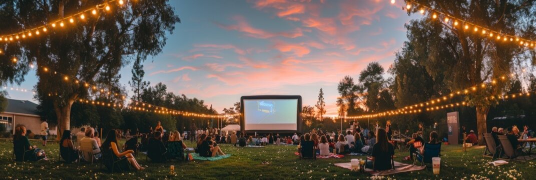 A community park transformed into an outdoor movie theater at dusk, where families and friends gather for an evening of entertainment