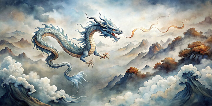 painting of a chinese dragon in the sky