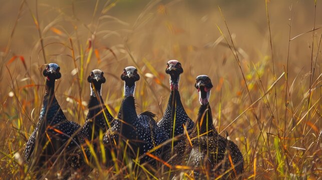 Helmeted guineafowl group in tall grass on savannah