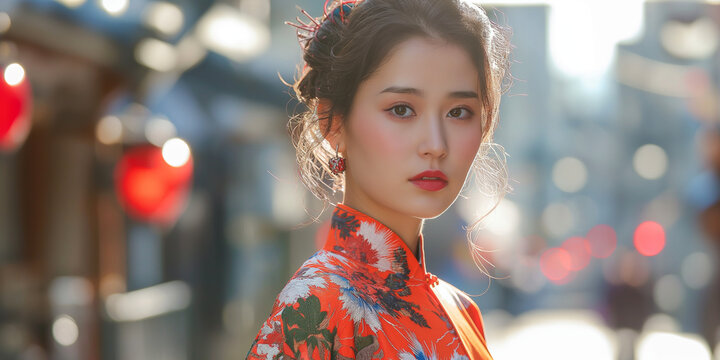 portrait of beautiful Japanese fashion model wearing luxury high fashion dress on the street