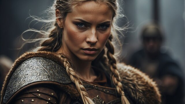 female viking warrior character on medieval fantasy background