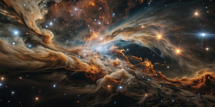 Stunning cosmic scene with swirling galaxies and star clusters.