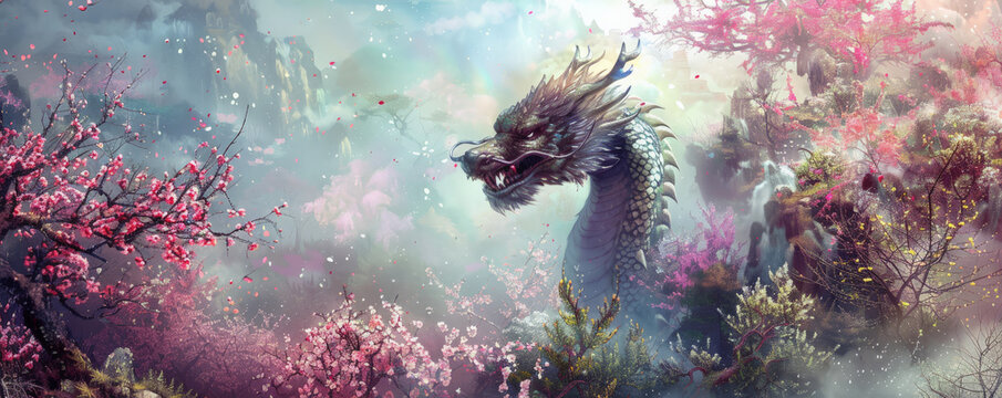 Dragon and Plum Blossom Garden: A dragon in a garden full of blooming plum blossoms, creating a serene and beautiful scene.