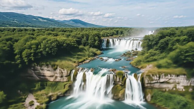 Drone Aerial view of waterfall, scenery of cascading waterfall and green lust nature 4K