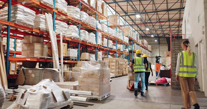 People, moving and boxes in logistics factory for storage or packaging, transportation and loading for distribution or shipping. Team, warehouse and trolley for delivery, inventory and supply chain.