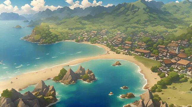 Aerial view of sea bay, coastline and mountains anime style