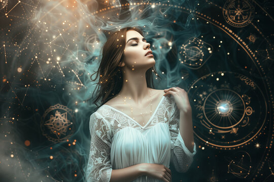 Beautiful spiritual woman on dreamy and stary background, concept of astrology, human design, sacred geometry