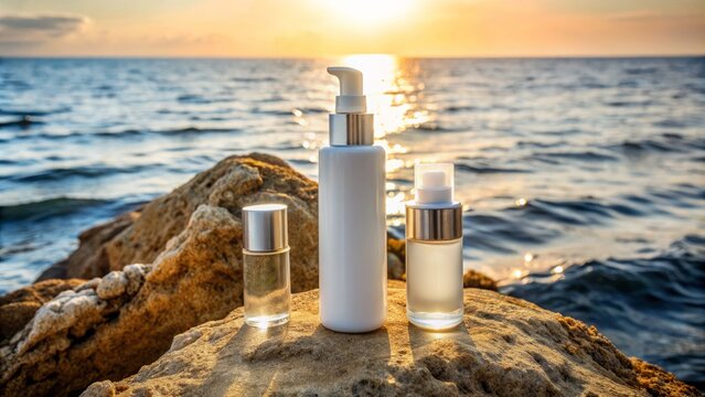 Sleek mockup bottle of cosmetic lotion, cream, and serum on a rock by the serene sea, evoking a sense of natural skincare and medical beauty treatment.