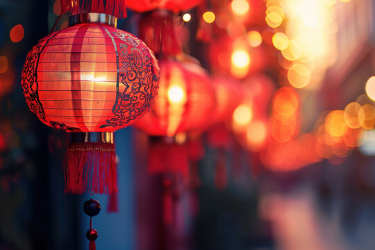 Red chinese paper lanterns illuminating the night with a warm glow for the mid-autumn festival celebration