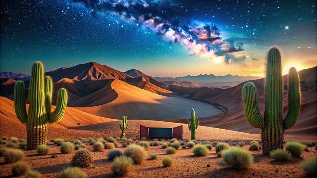 Desert landscape with cactus, summer cinema movie night under the stars, and Danxia landform background, Desert