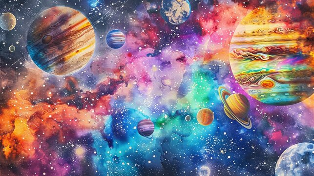 A cosmic watercolor of colorful stars and a colorful space background
