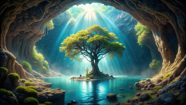 Surreal underwater world with a tree of wisdom in a mysterious cavern , nature, planet, surreal