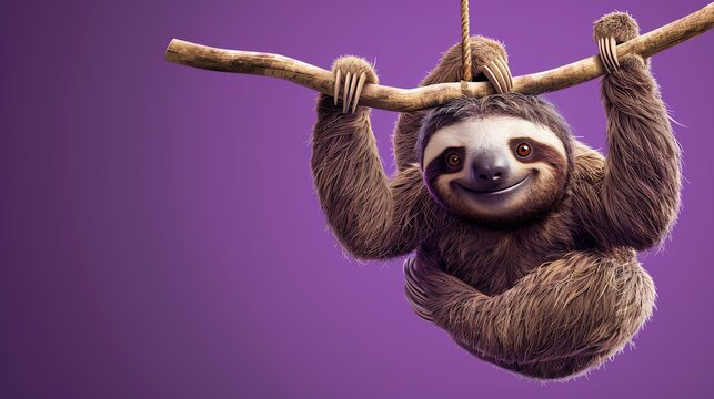 A cute and cuddly sloth is hanging from a branch. The sloth has big, round eyes and a friendly smile. It is covered in soft, brown fur.